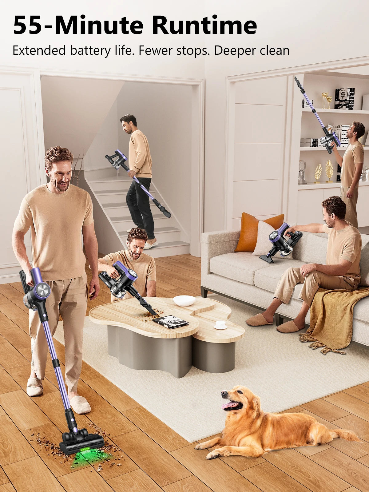 SUXIANGVAC Cordless Vacuum Cleaner 500W 55KPa Self-Standing Pet Hair 60Min