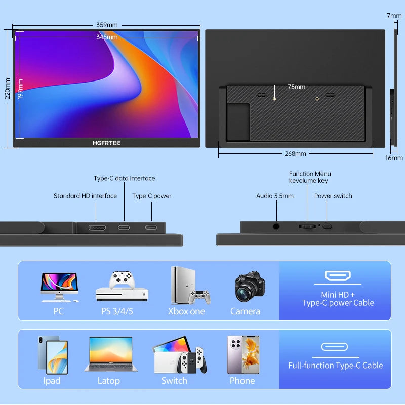 HGFRTEE Portable Monitor FHD IPS Second Screen Type C HDMI