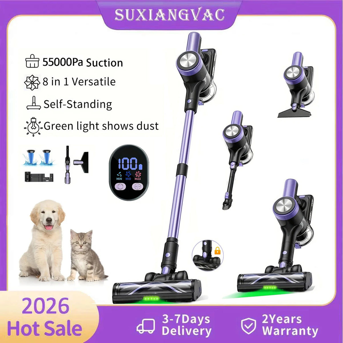 SUXIANGVAC Cordless Vacuum Cleaner 500W 55KPa Self-Standing Pet Hair 60Min